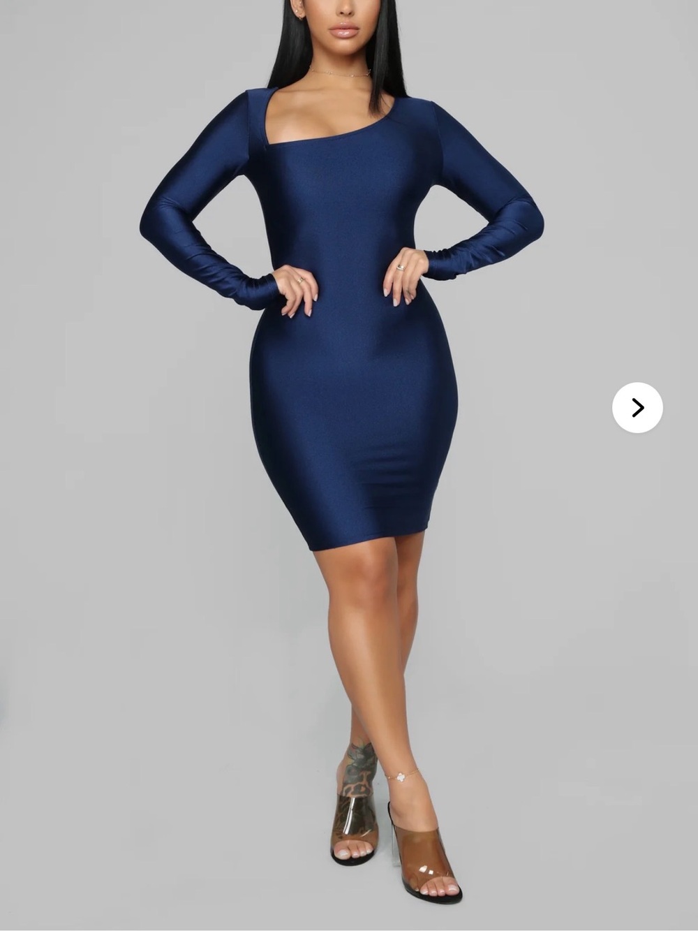 Fashion Nova Navy Asymmetric Square Neck Long-Sleeve Bodycon Dress